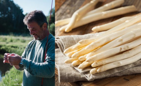 Weißer Spargel auf einem Küchentuch und ein Mann mit seiner Angel